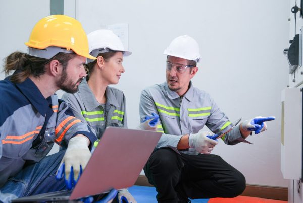 professional engineer workers training testing machine industry factory concept people operation industrial industry robot programming software automated manufacturing technology